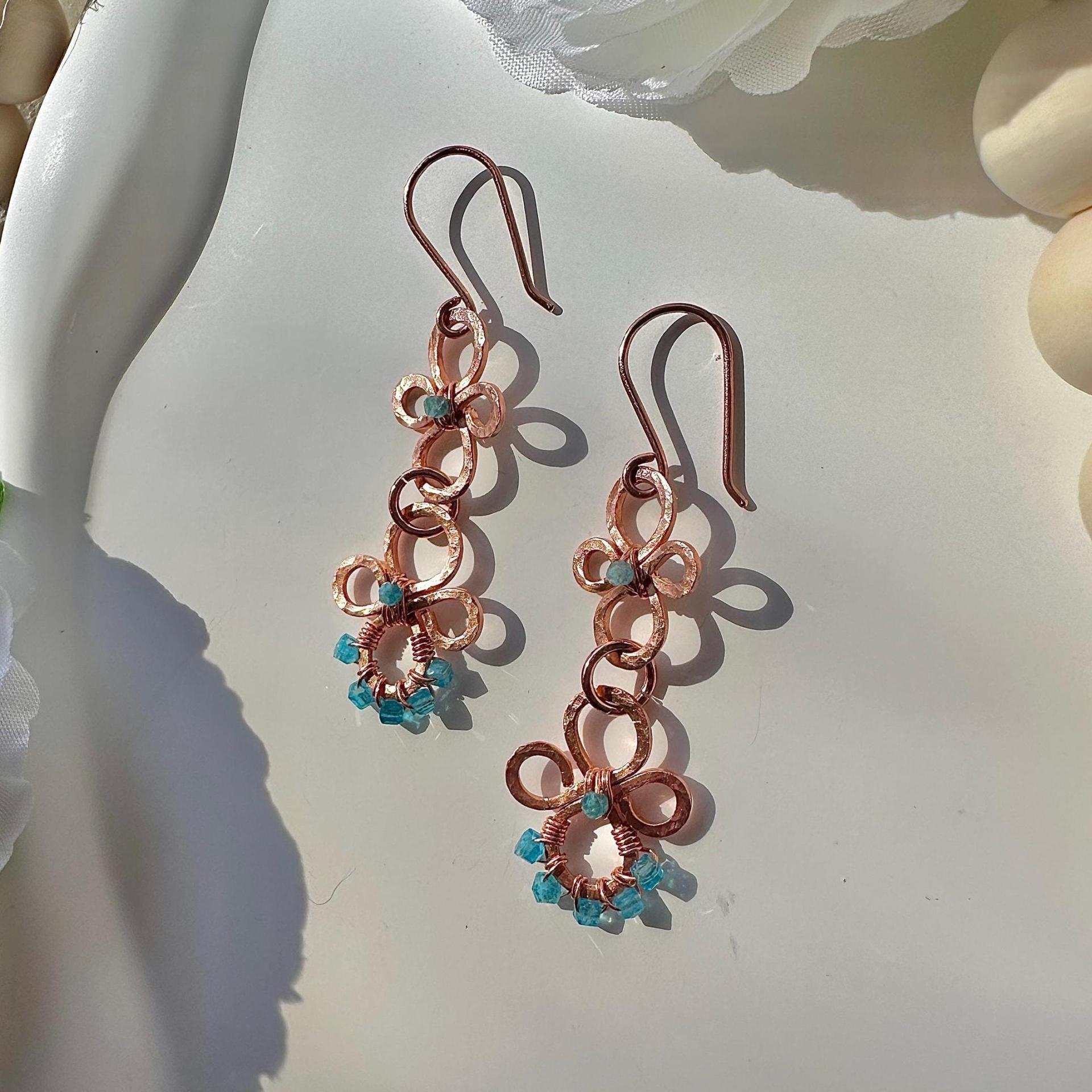 Natural Apatite Hammered Copper Fleur Dangle Earrings