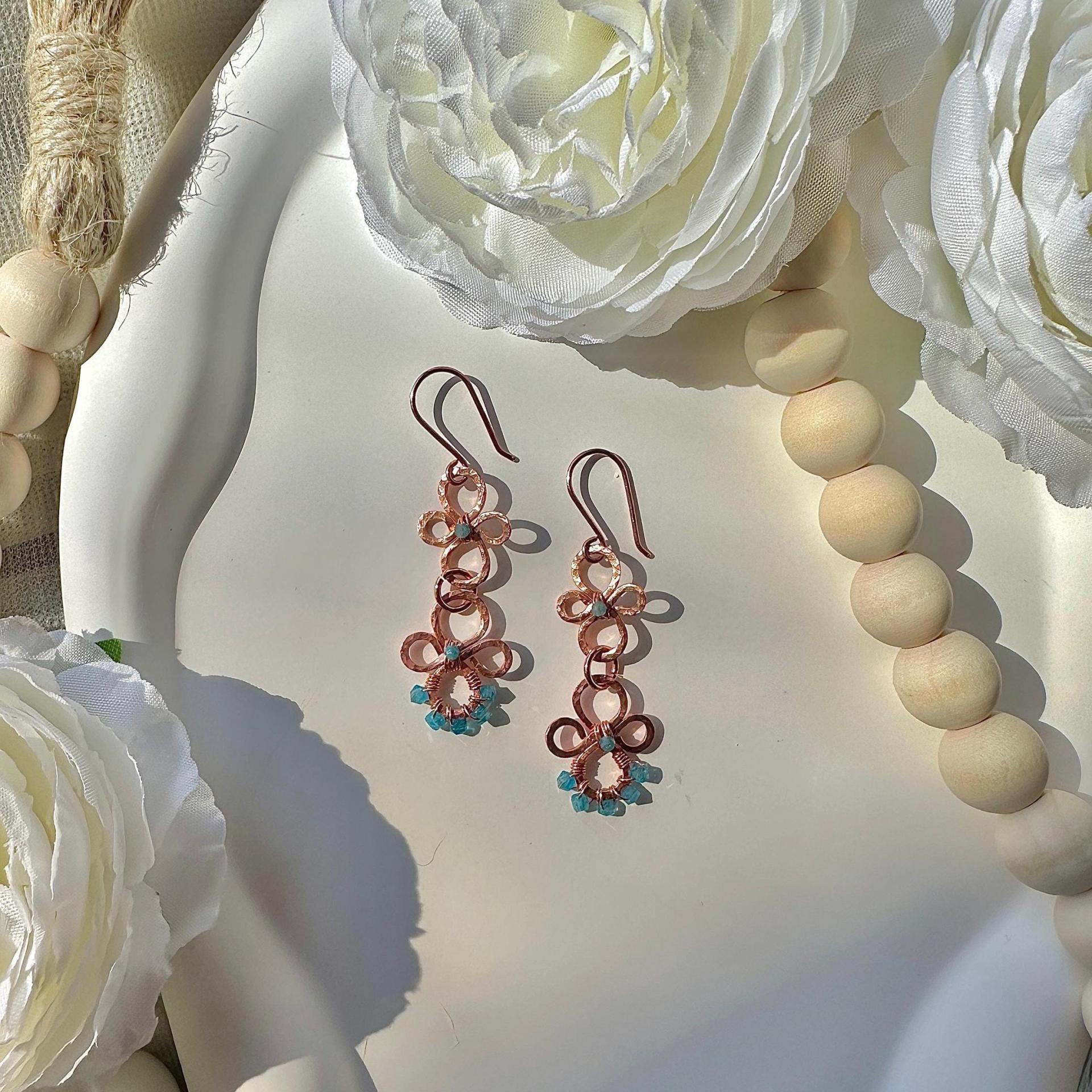 Natural Apatite Hammered Copper Fleur Dangle Earrings