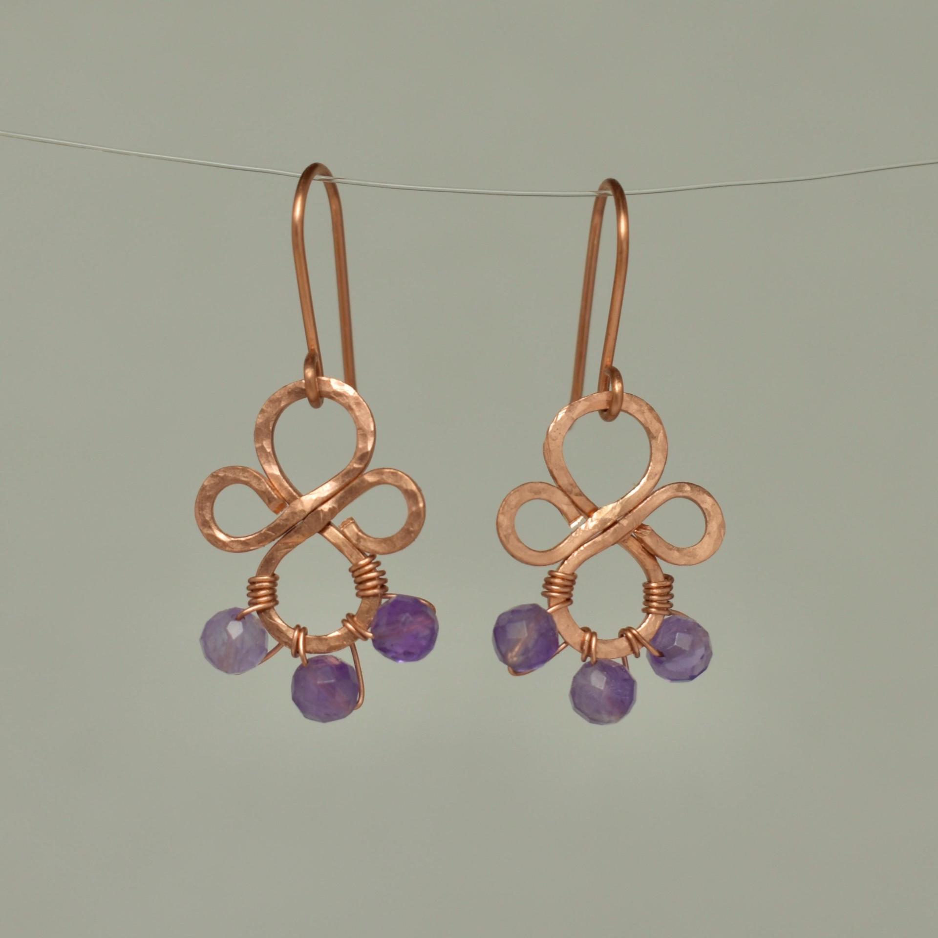 Natural Amethyst Hammered Fleur Copper Earrings