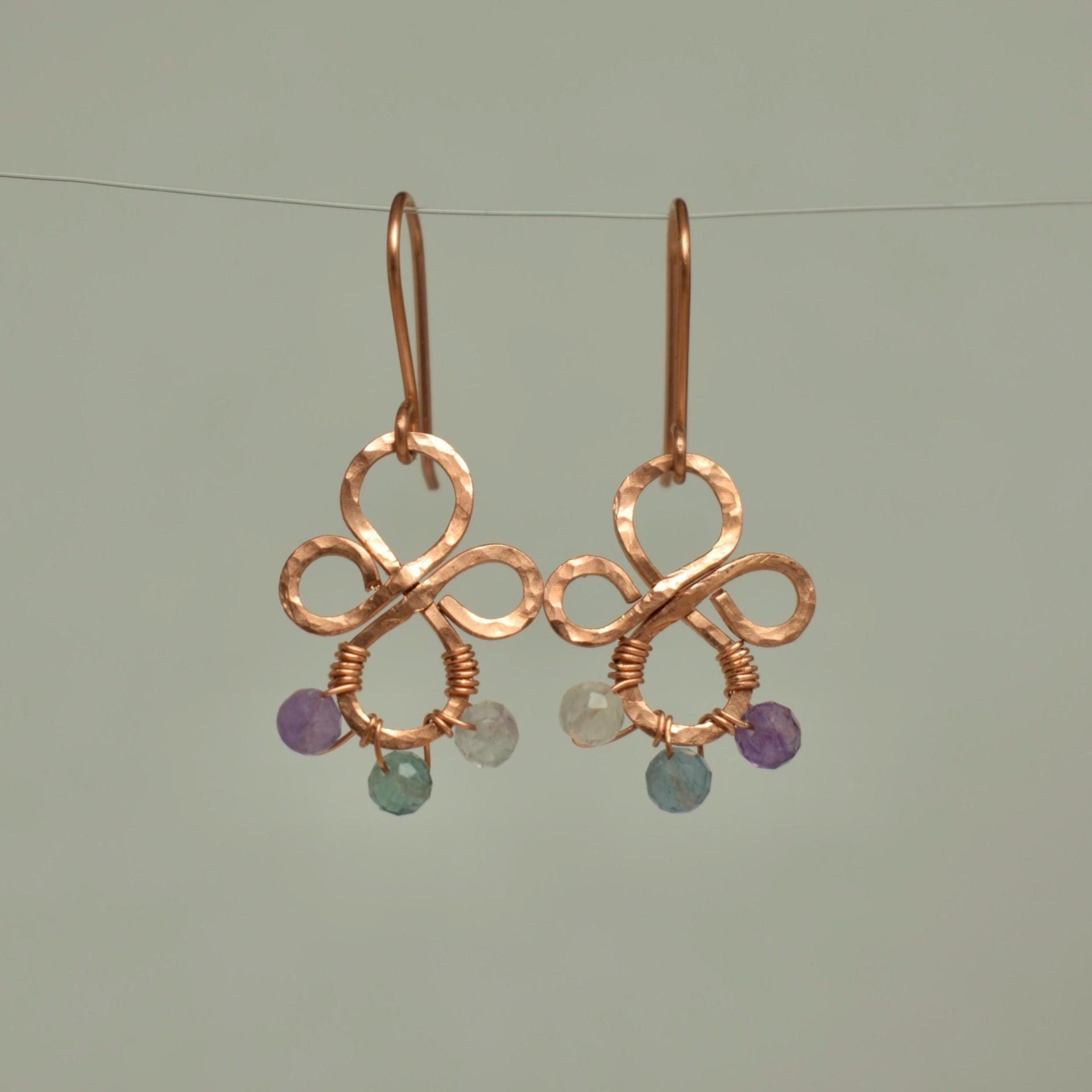 Natural Rainbow Fluorite Hammered Copper Fleur Earrings