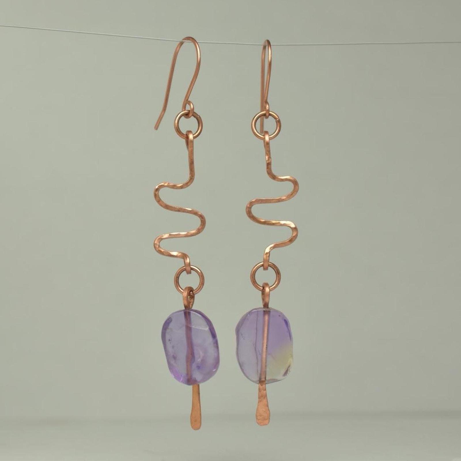 Ametrine & Hammered Copper Wavy Eclectic Statement Earrings