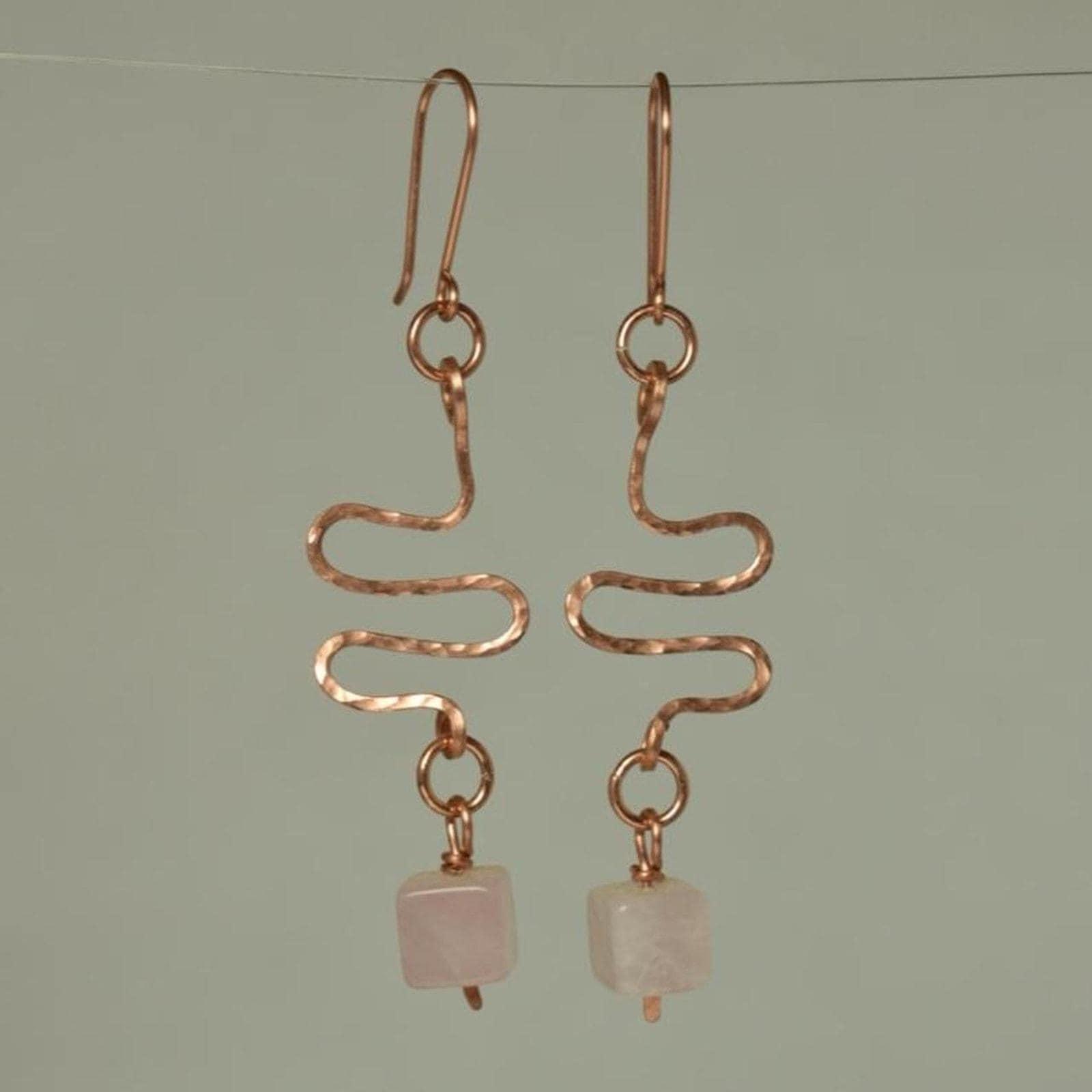 Rose Quartz & Hammered Copper Wavy Eclectic Statement Earrings