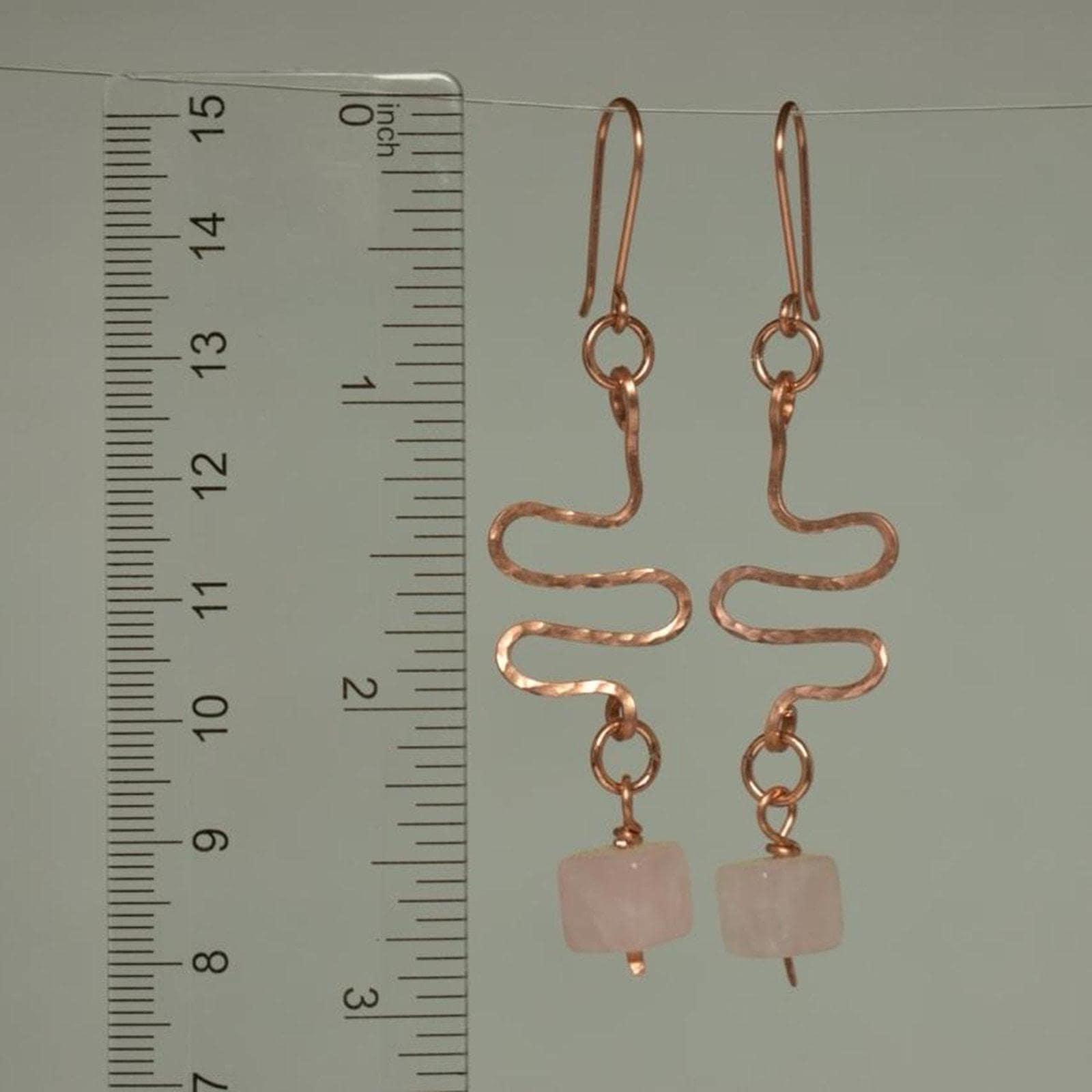 Rose Quartz & Hammered Copper Wavy Eclectic Statement Earrings