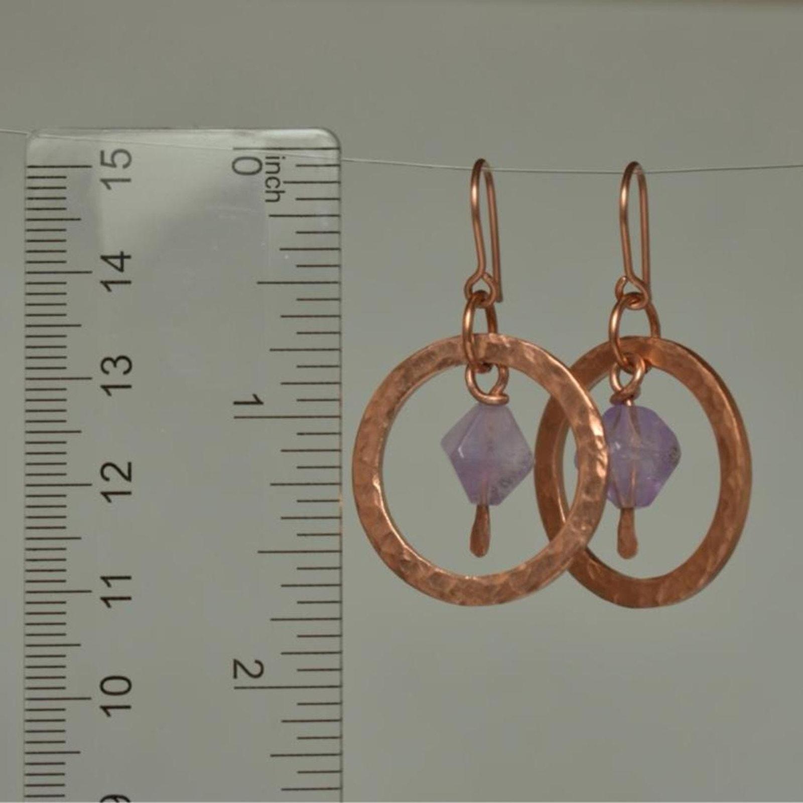 Amethyst & Hammered Copper Dangle Hoop Earrings
