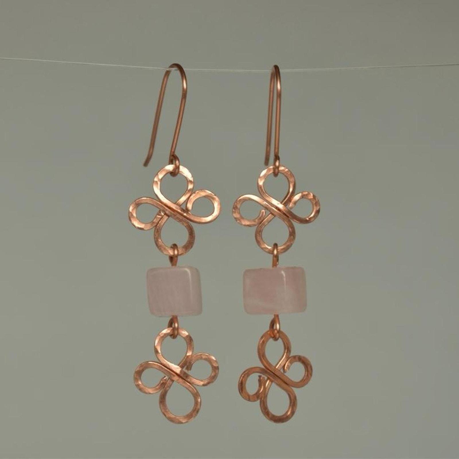 Rose Quartz & Hammered Copper Fleur Dangle Earrings