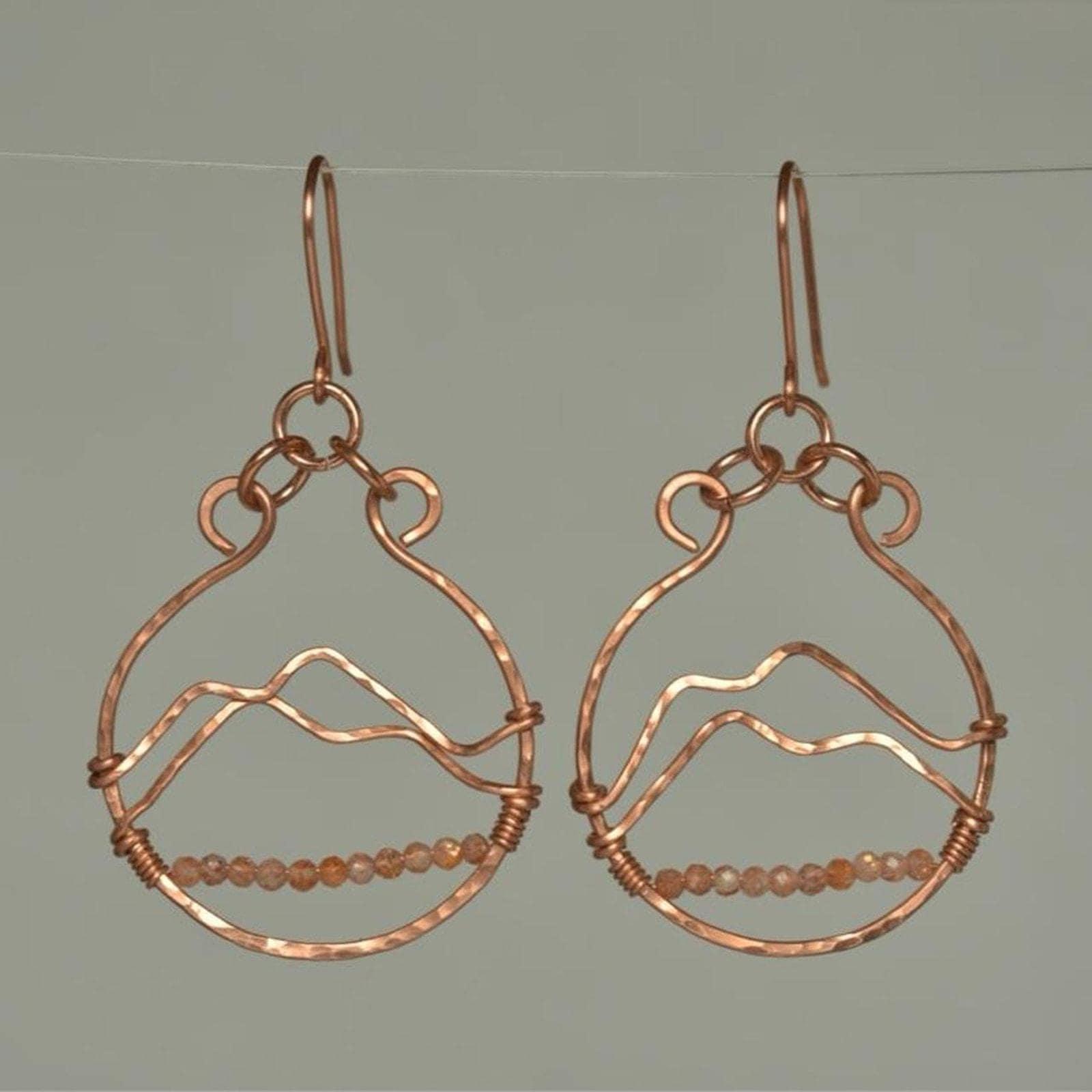 Sunstone & Hammered Copper Mountainscape Dangle Hoop Earrings