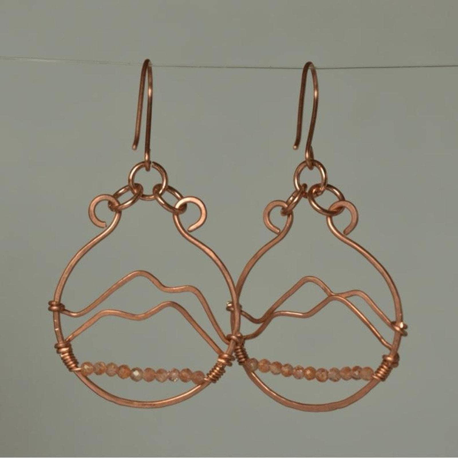 Sunstone & Hammered Copper Mountainscape Dangle Hoop Earrings