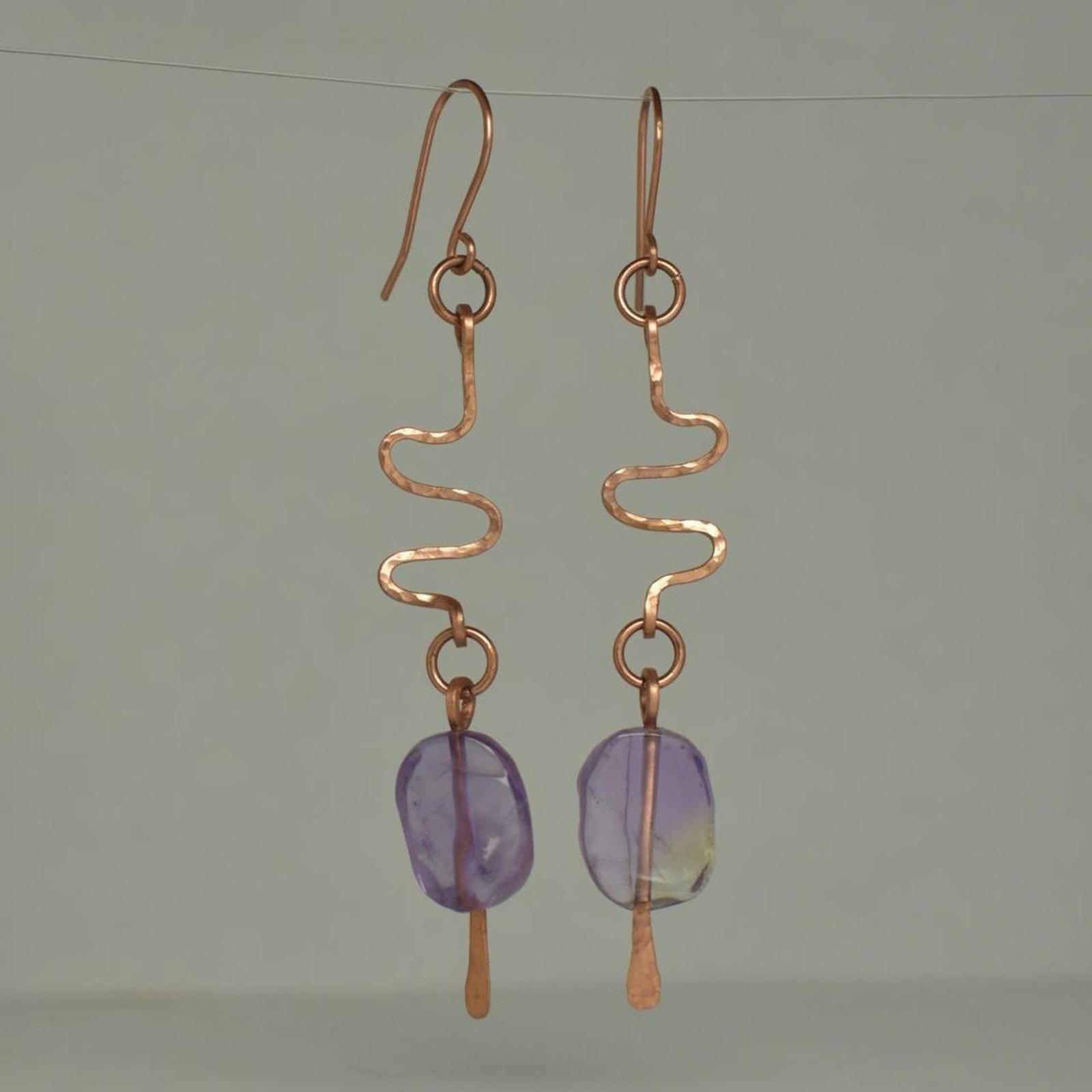 Ametrine & Hammered Copper Wavy Eclectic Statement Earrings