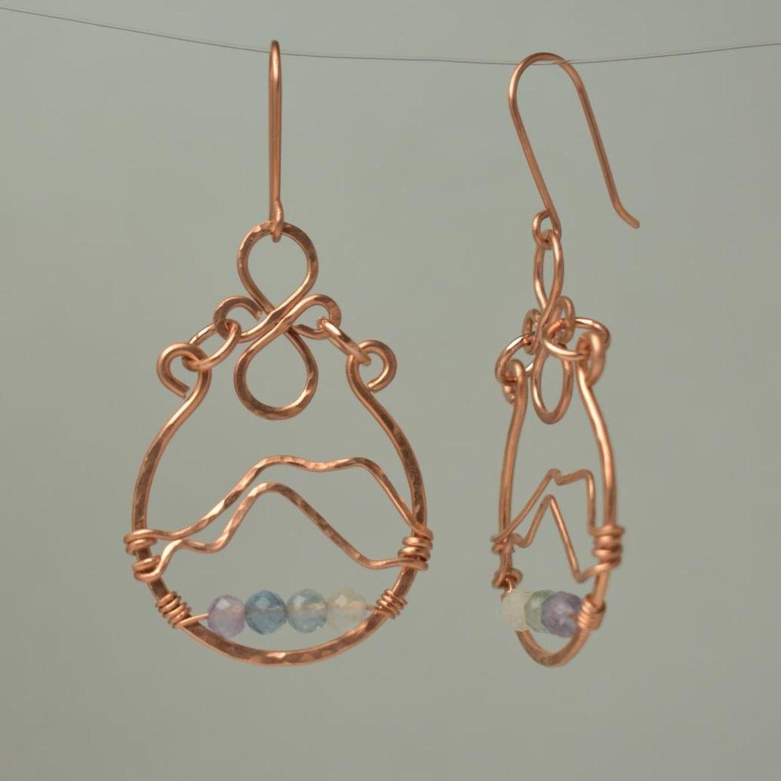 Rainbow Fluorite & Hammered Copper Mountainscape Dangle Hoop Earrings