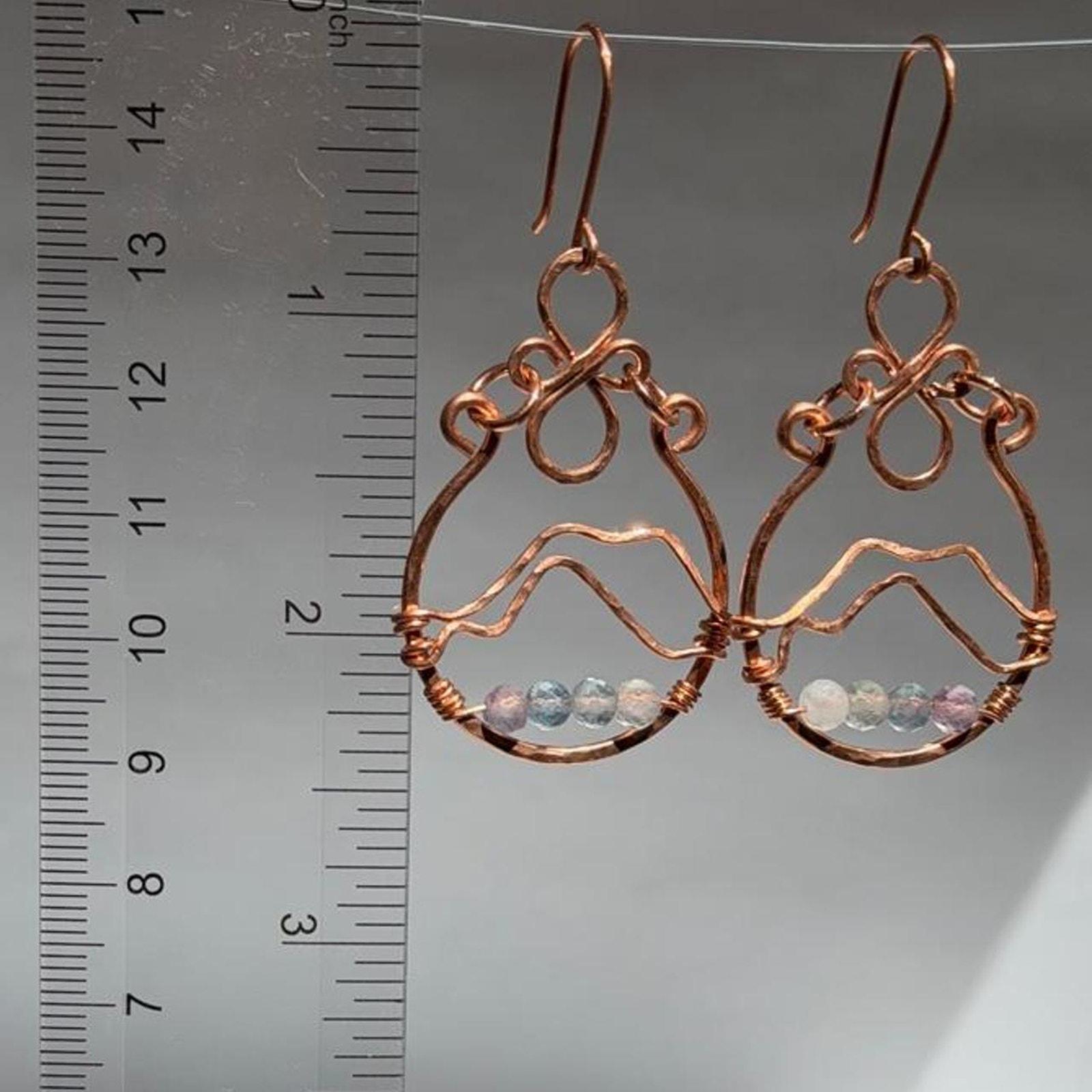 Rainbow Fluorite & Hammered Copper Mountainscape Dangle Hoop Earrings