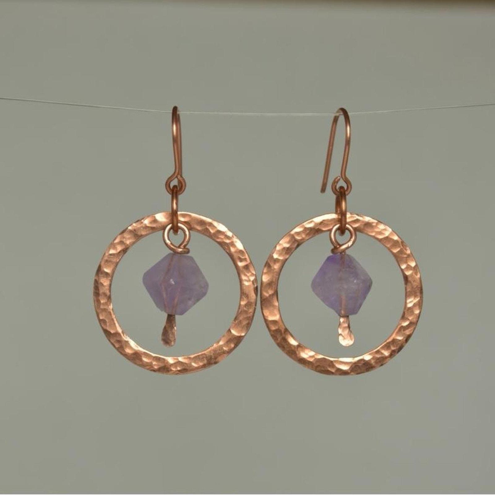 Amethyst & Hammered Copper Dangle Hoop Earrings