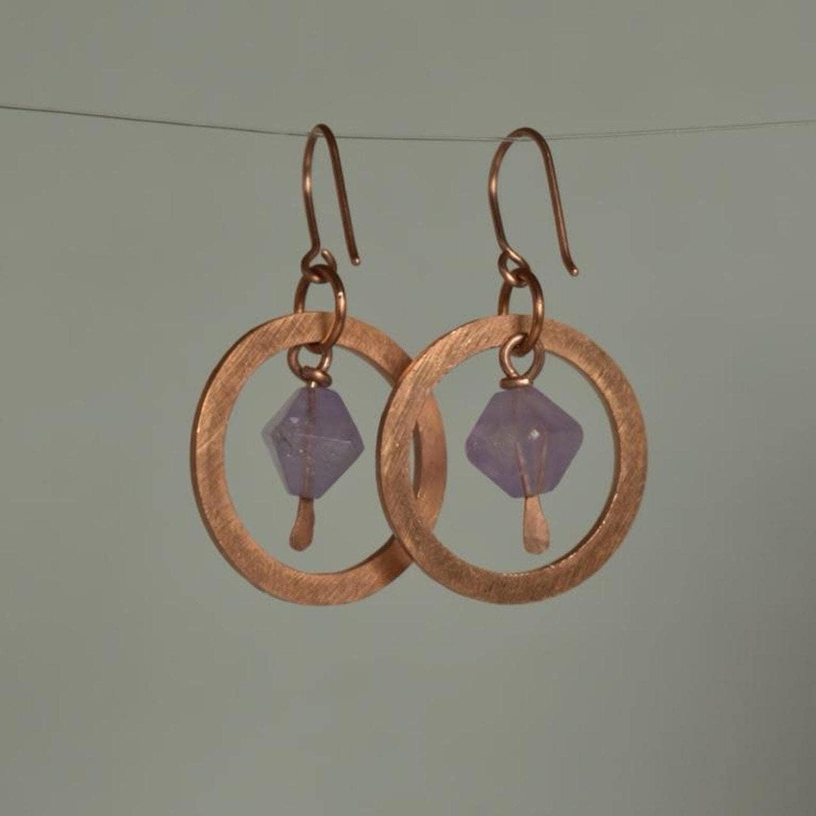 Amethyst & Hammered Copper Dangle Hoop Earrings