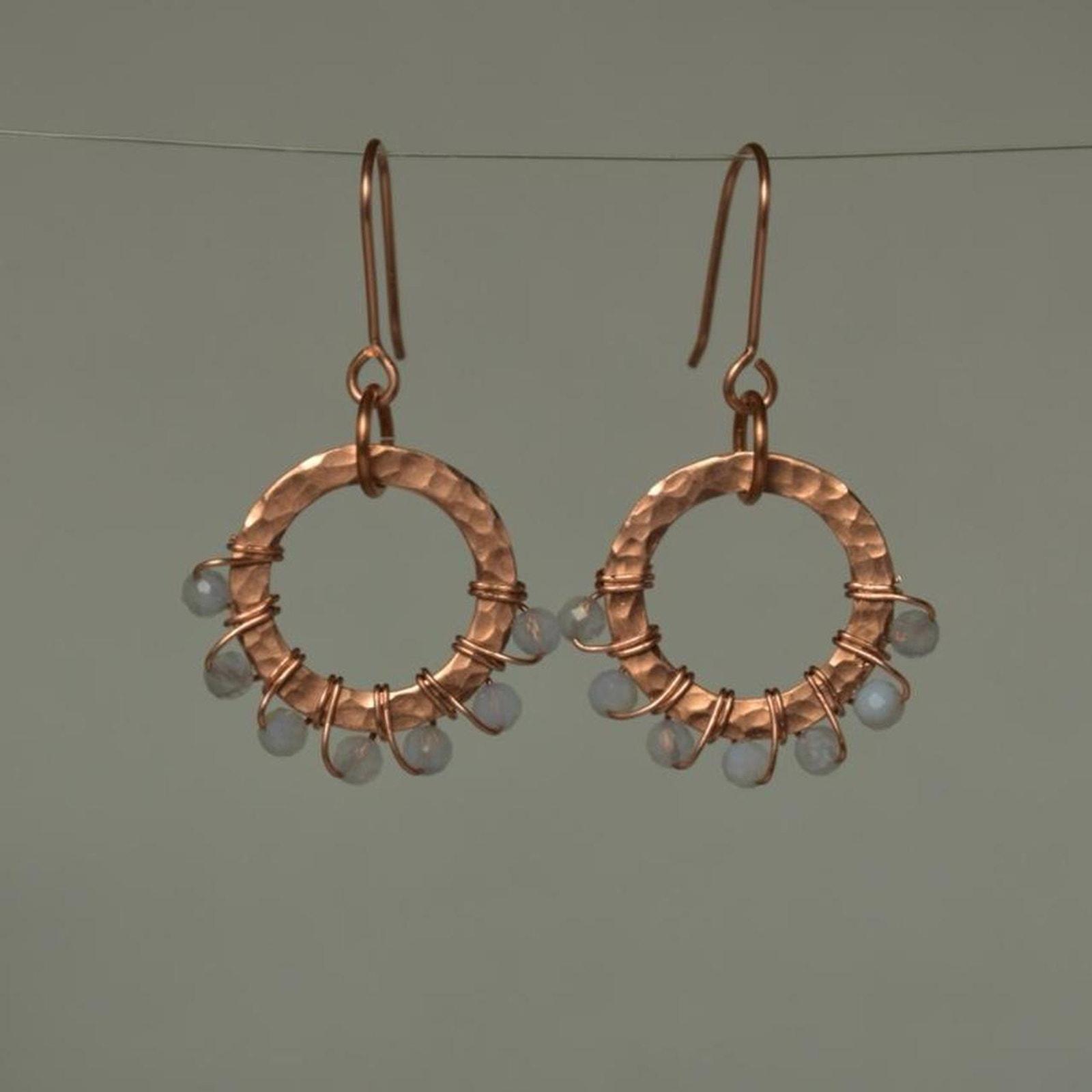 Blue Lace Agate & Hammered Copper Beaded Halo Earrings