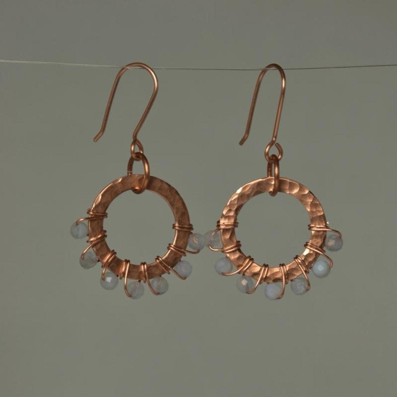 Blue Lace Agate & Hammered Copper Beaded Halo Earrings