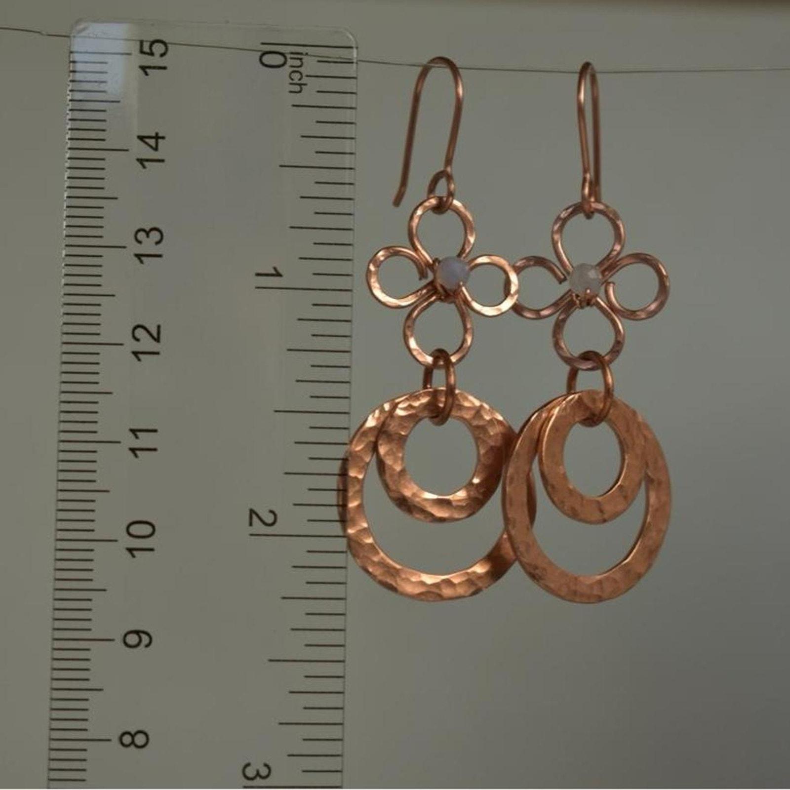 Blue Lace Agate & Hammered Copper Fleur Links Dangle Earrings