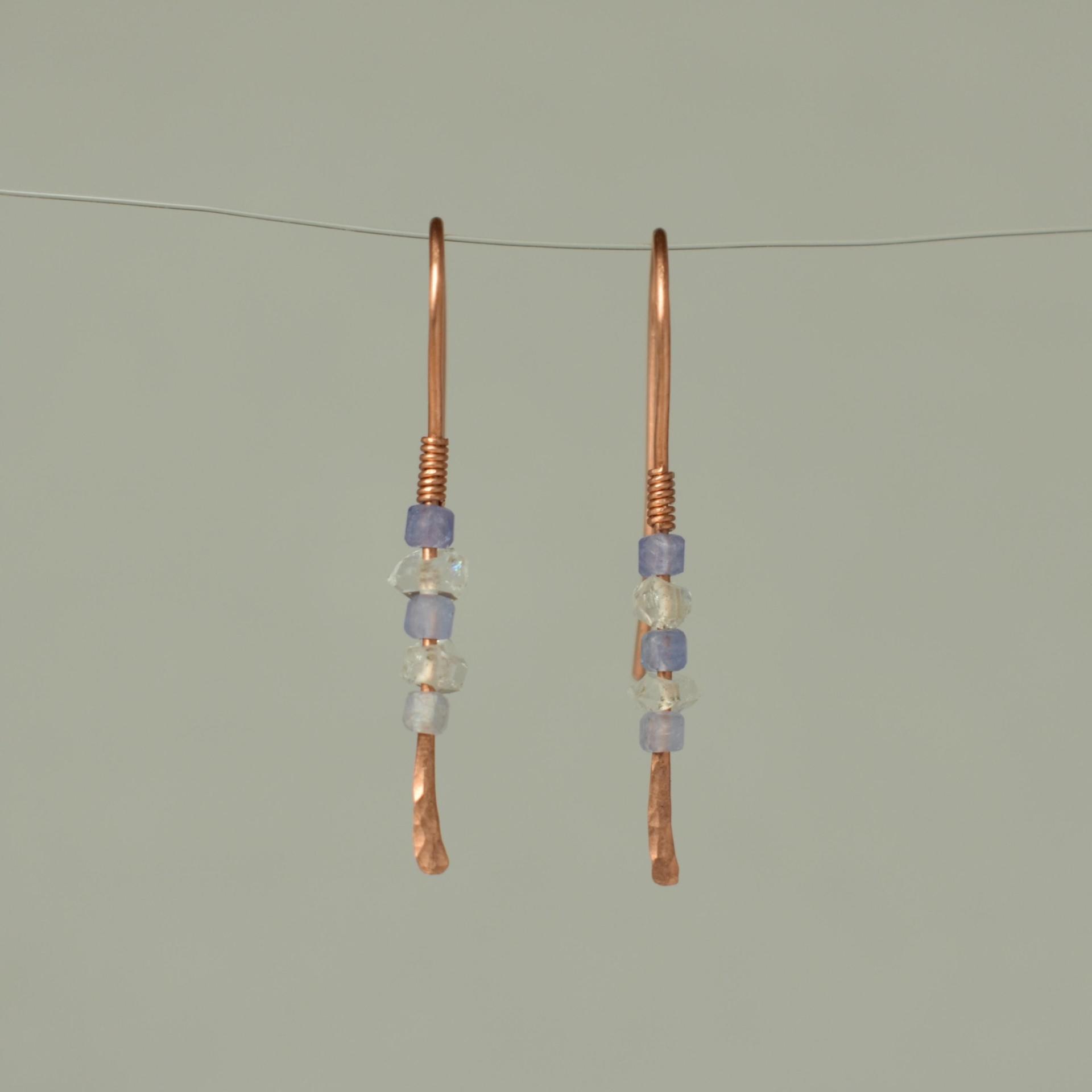 Minimalist Natural Herkimer Diamond and Tanzanite Hammered Copper Earrings
