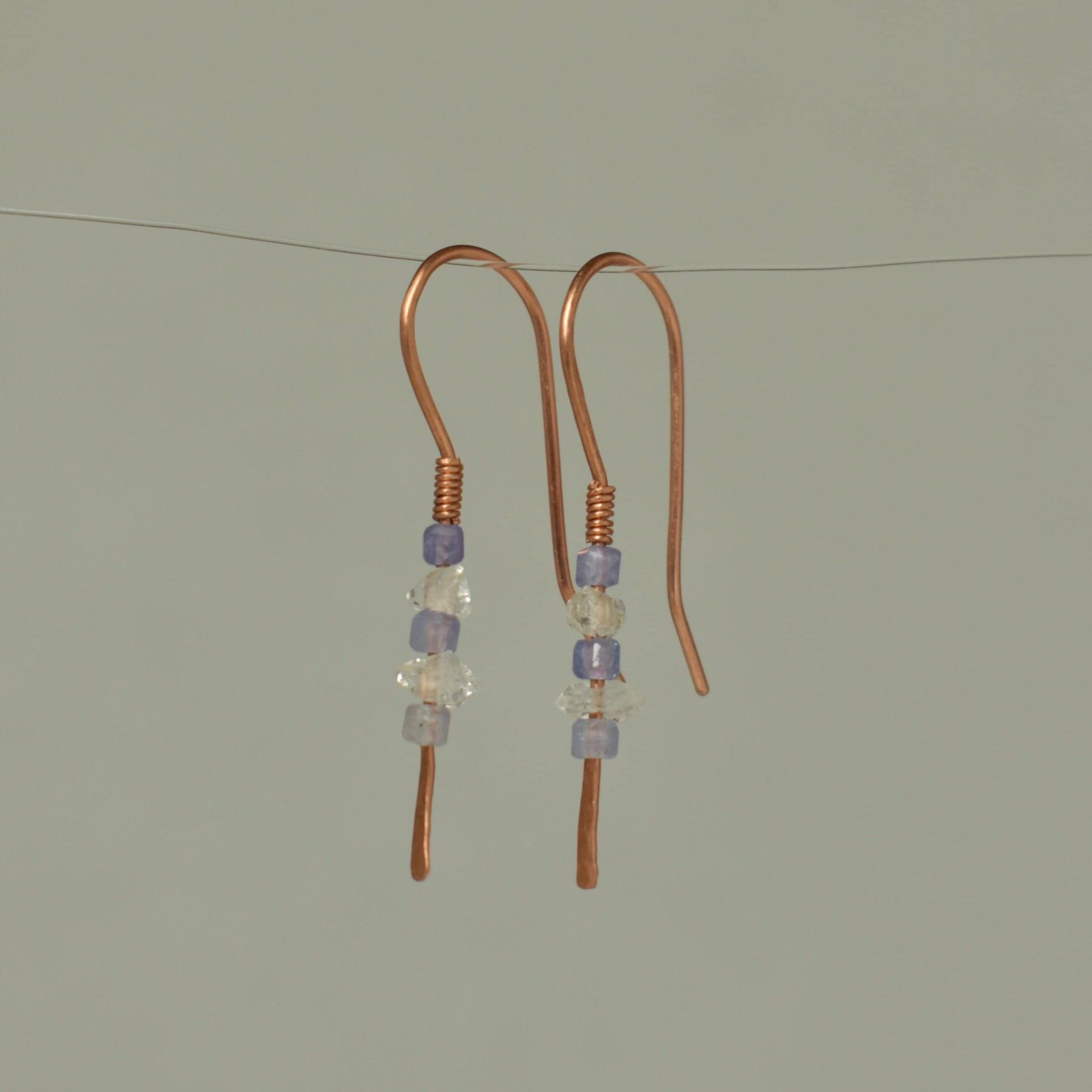 Minimalist Natural Herkimer Diamond and Tanzanite Hammered Copper Earrings