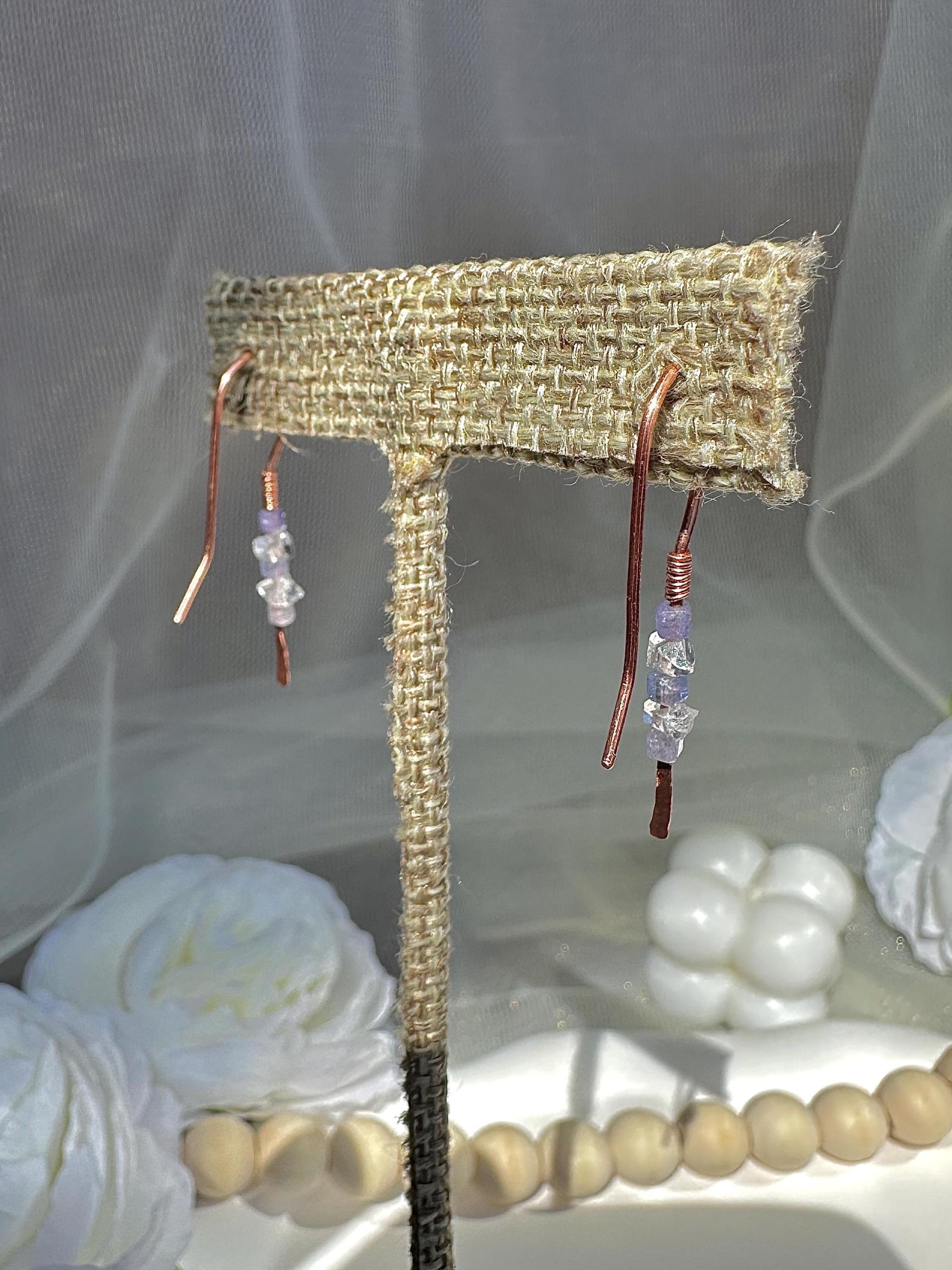 Minimalist Natural Herkimer Diamond and Tanzanite Hammered Copper Earrings