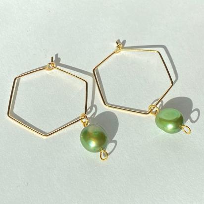 Green Freshwater Pearl Hexagon Dangle Hoops