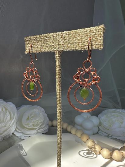 Natural Jade Hammered Copper Dangle Earrings
