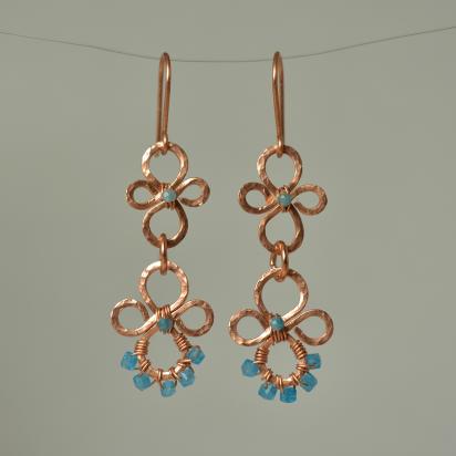 Natural Apatite Hammered Copper Fleur Dangle Earrings