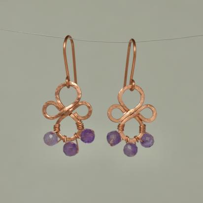 Natural Amethyst Hammered Fleur Copper Earrings