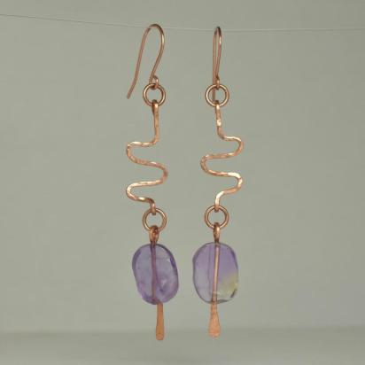 Ametrine & Hammered Copper Wavy Eclectic Statement Earrings