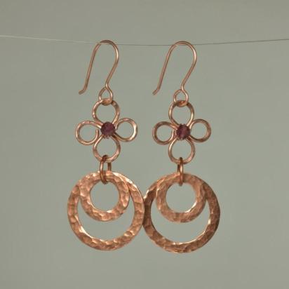 Garnet & Hammered Copper Fleur Links Dangle Earrings