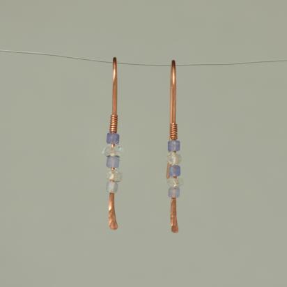 Minimalist Natural Herkimer Diamond and Tanzanite Hammered Copper Earrings